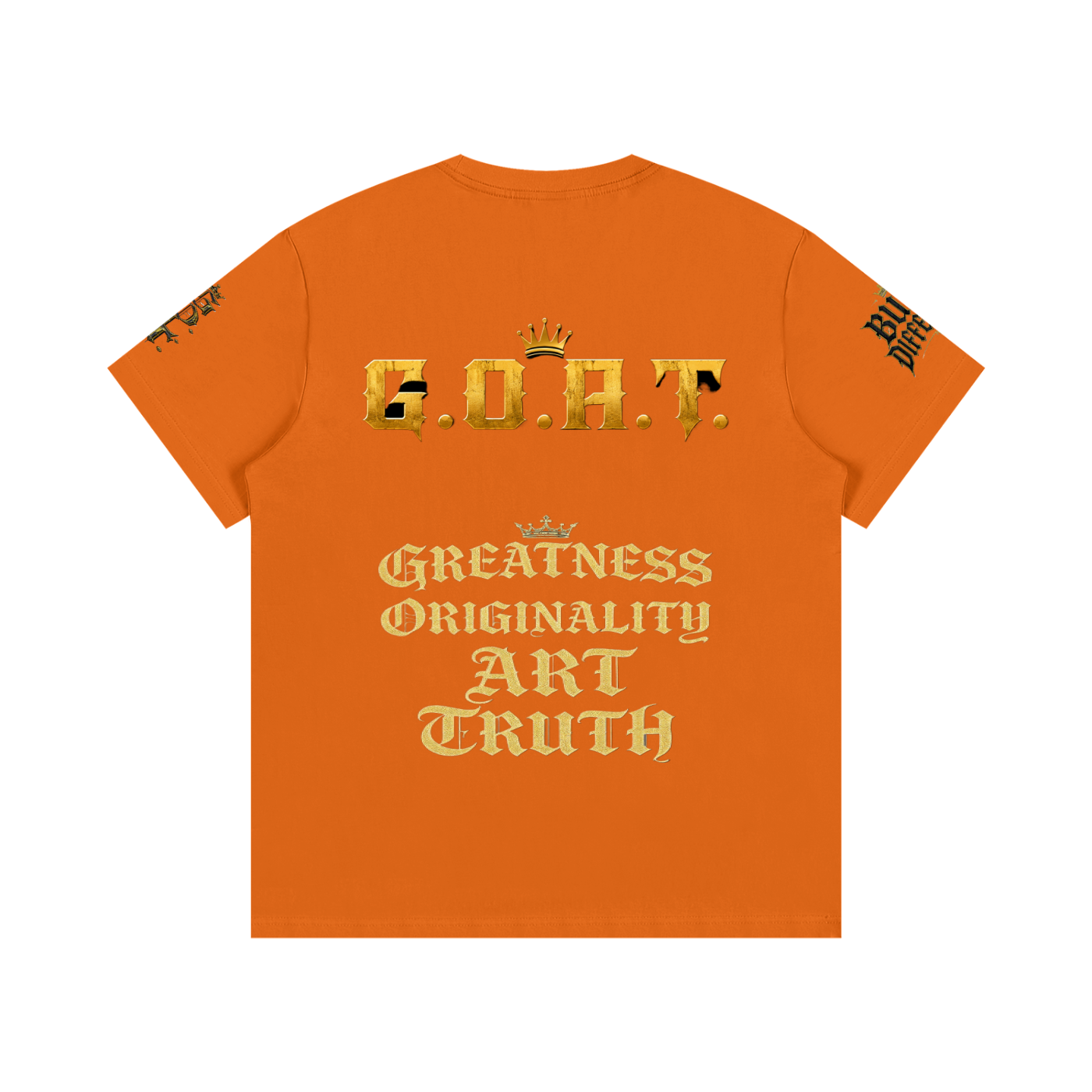 Orange unisex cotton tee with gold G.O.H.T text and crown graphic
