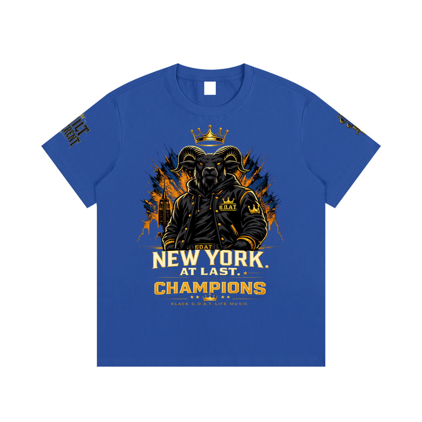 Blue unisex cotton tee with lion helmet graphic and “New York at Last Champions”
