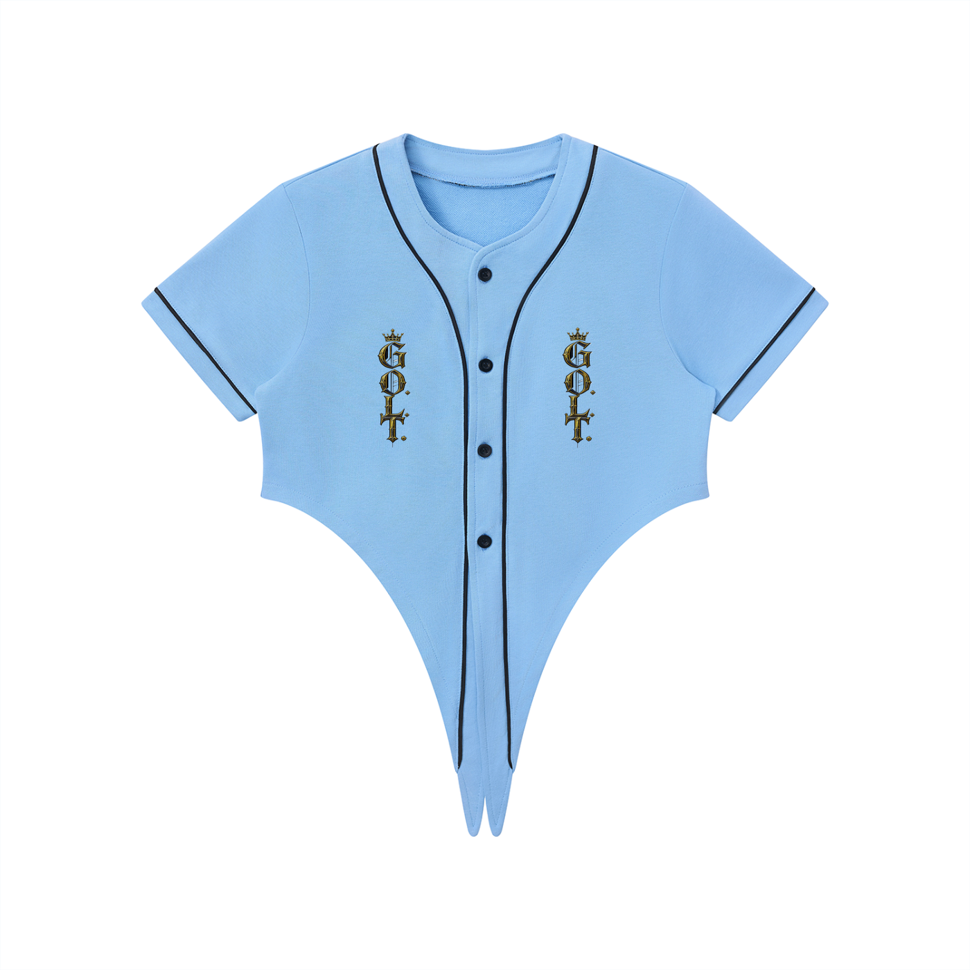 Sky blue cropped baseball jersey with black piping, button placket, and crest graphic on chest.