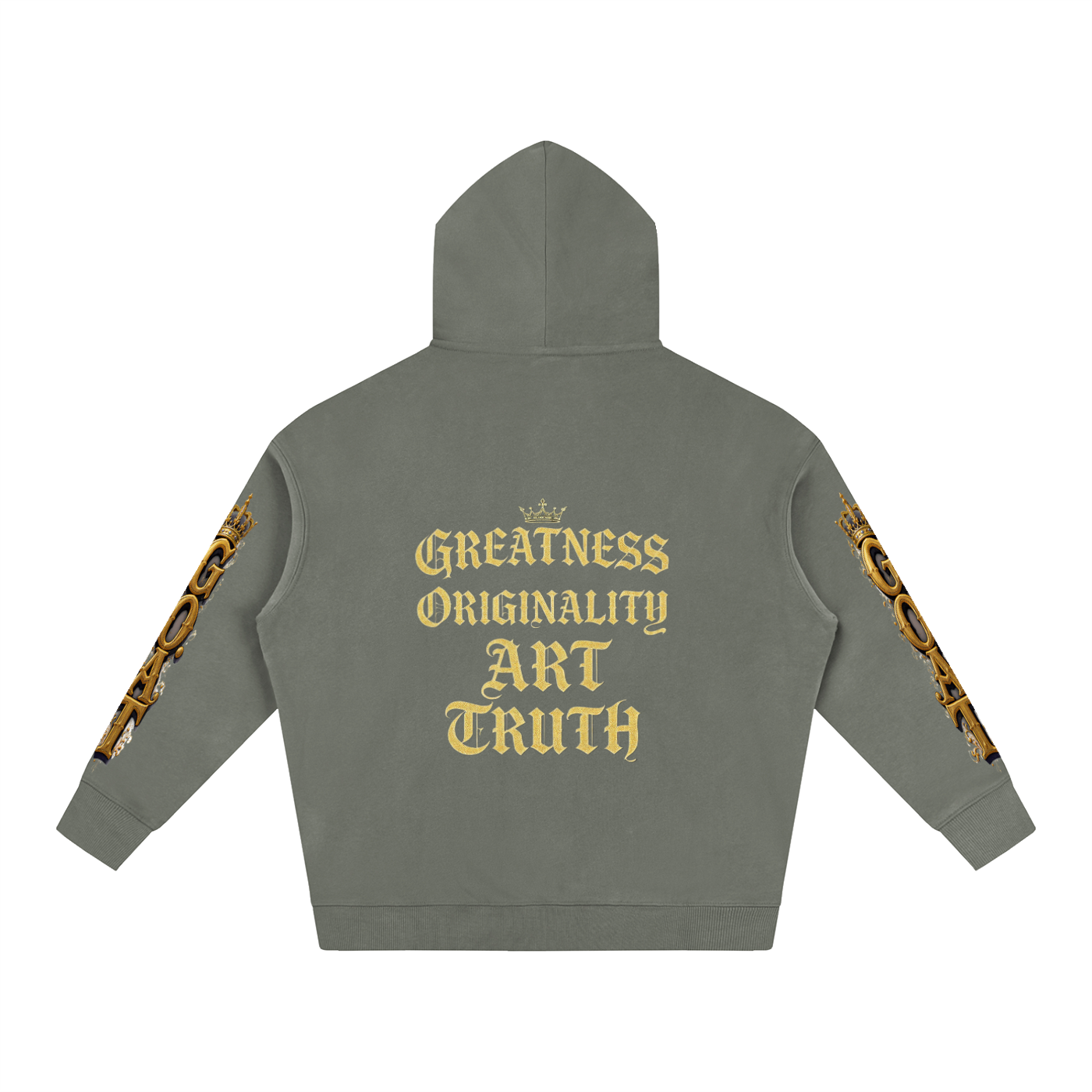 Olive green oversized fleece hoodie, back print: Greatness Originality Art Truth