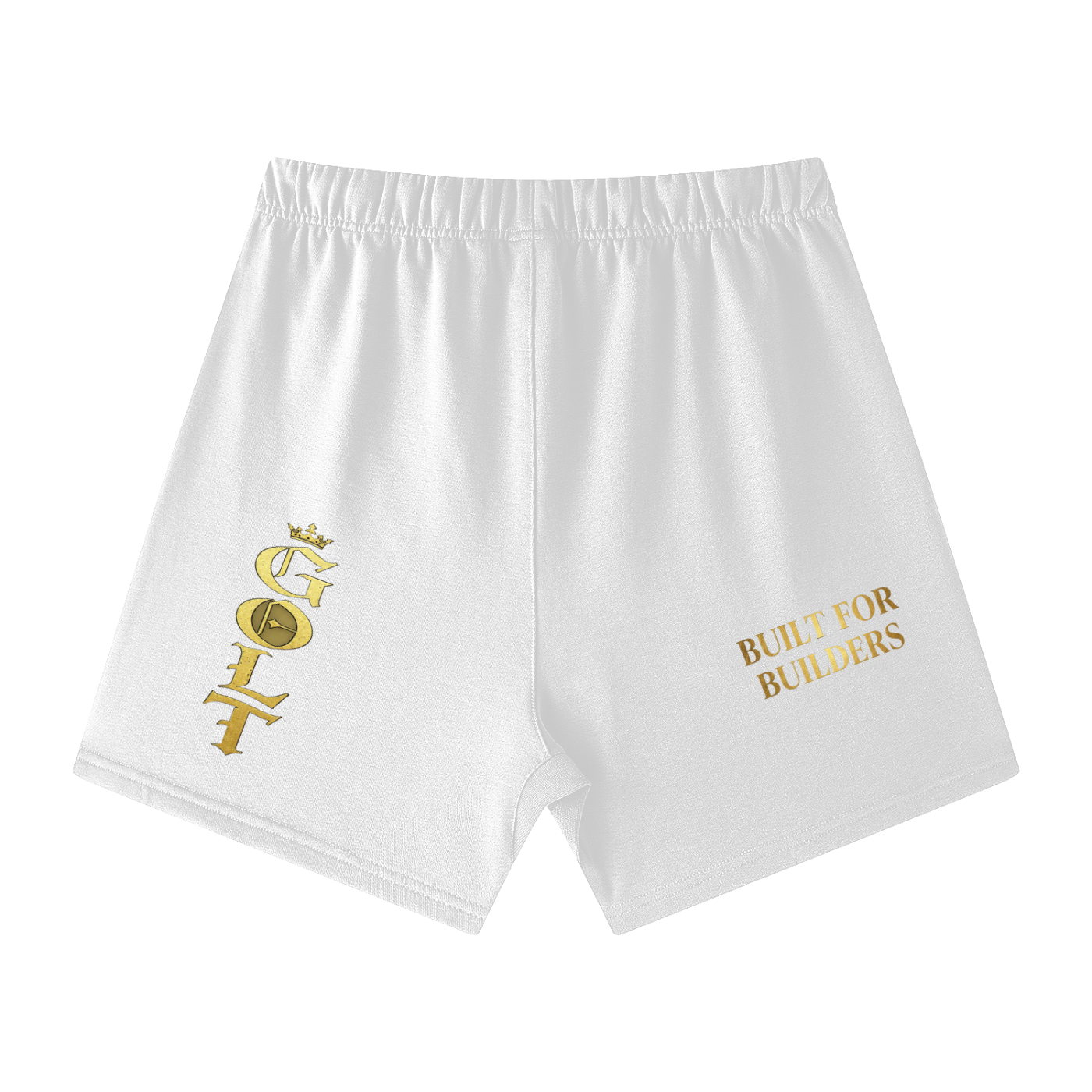 Unisex cotton shorts, white, elastic waistband, gold logo and text graphic print.