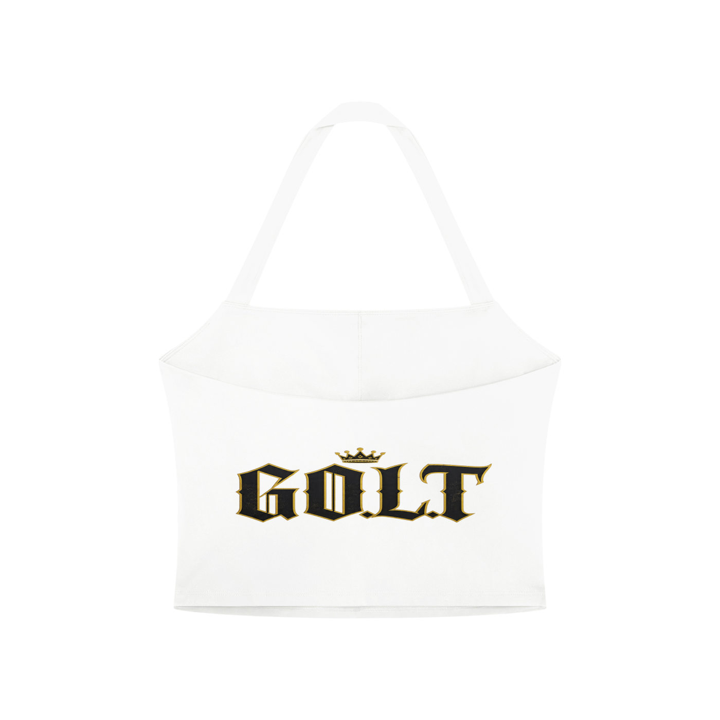 Women's halter crop sports bra, white, front GO.L.T. logo graphic