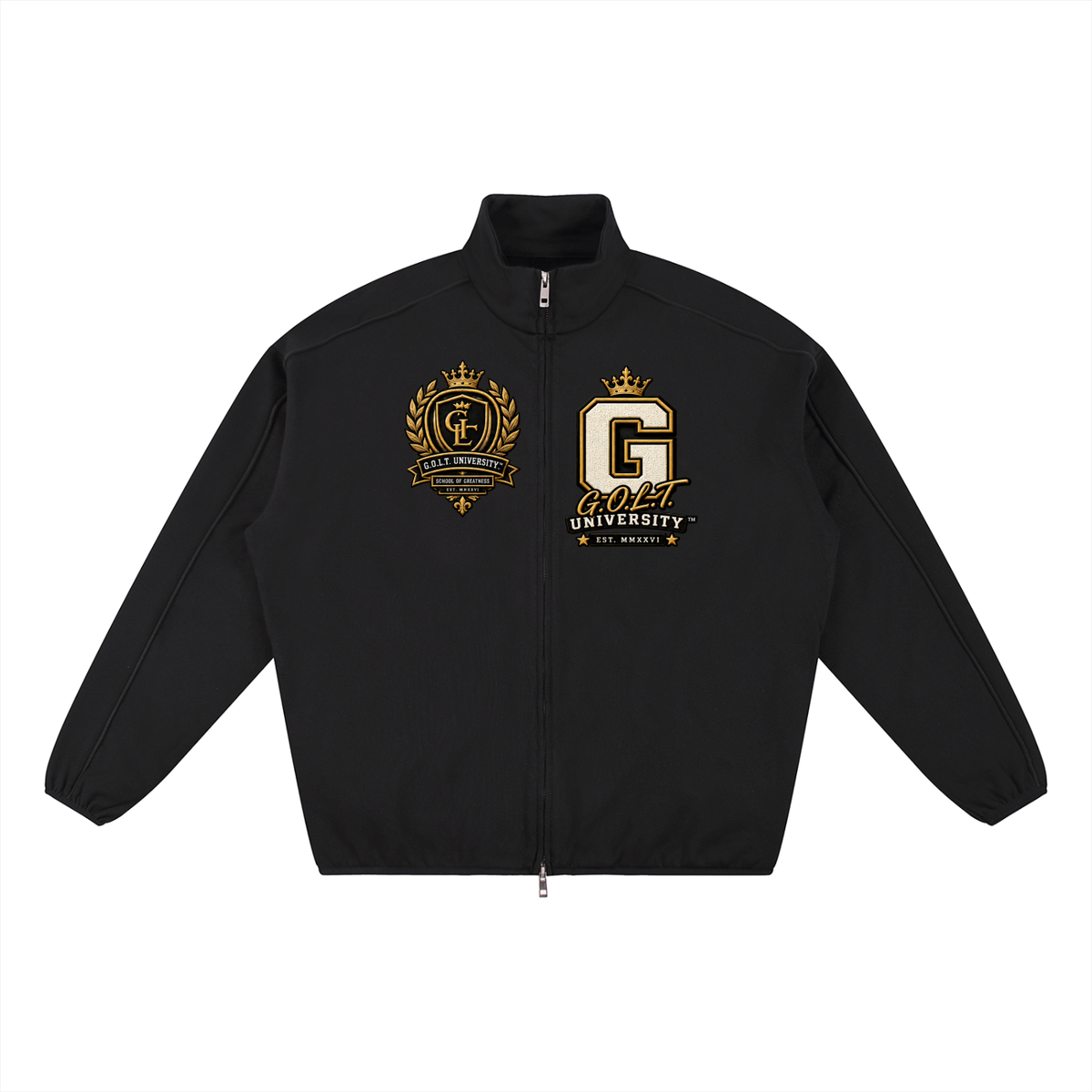 Black heavyweight jacket with stand collar, front zipper, and G.O.L.T. chest emblems