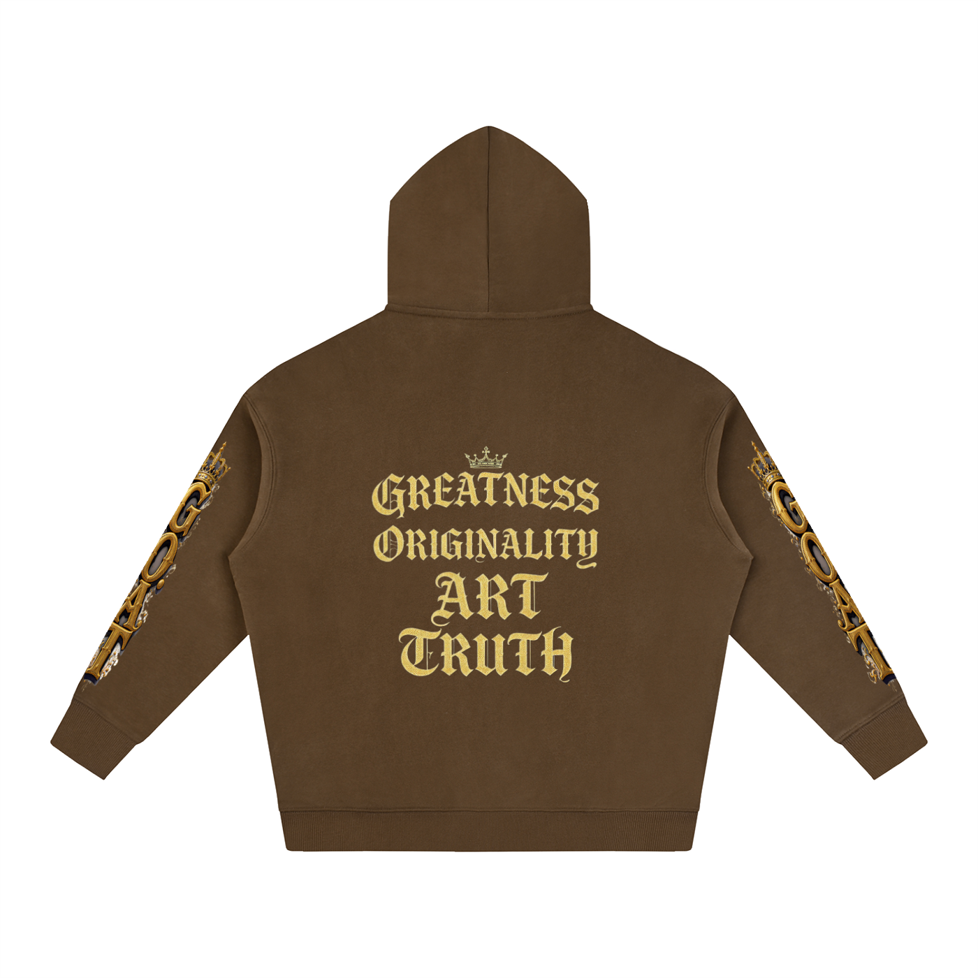 Dark brown oversized fleece hoodie, back print: Greatness Originality Art Truth