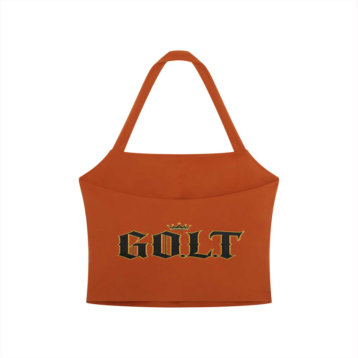Women's halter crop sports bra, orange, front GO.L.T. logo graphic