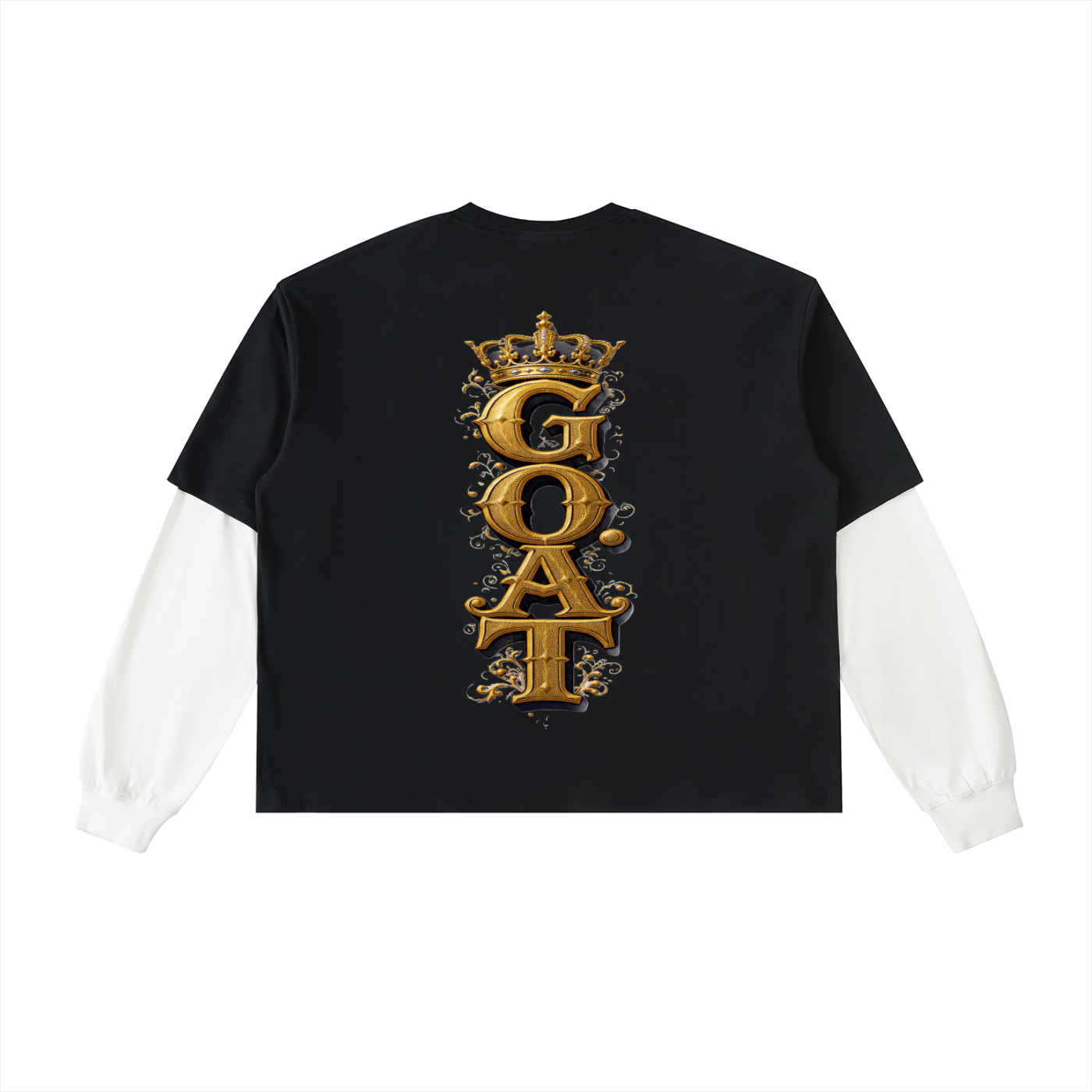 Black long sleeve graphic tee with white sleeves; gold vertical 'GAT' crest on back