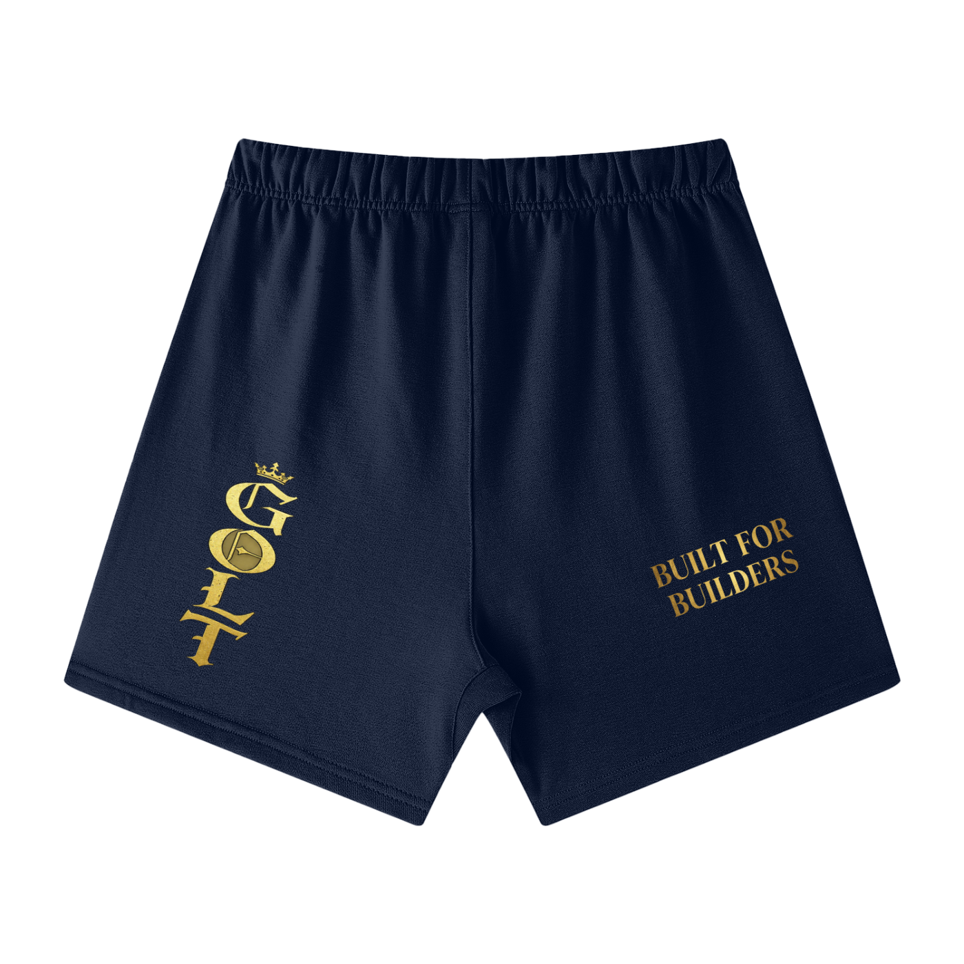 Unisex cotton shorts, dark navy, elastic waistband, gold G.O.A.T and text graphic.