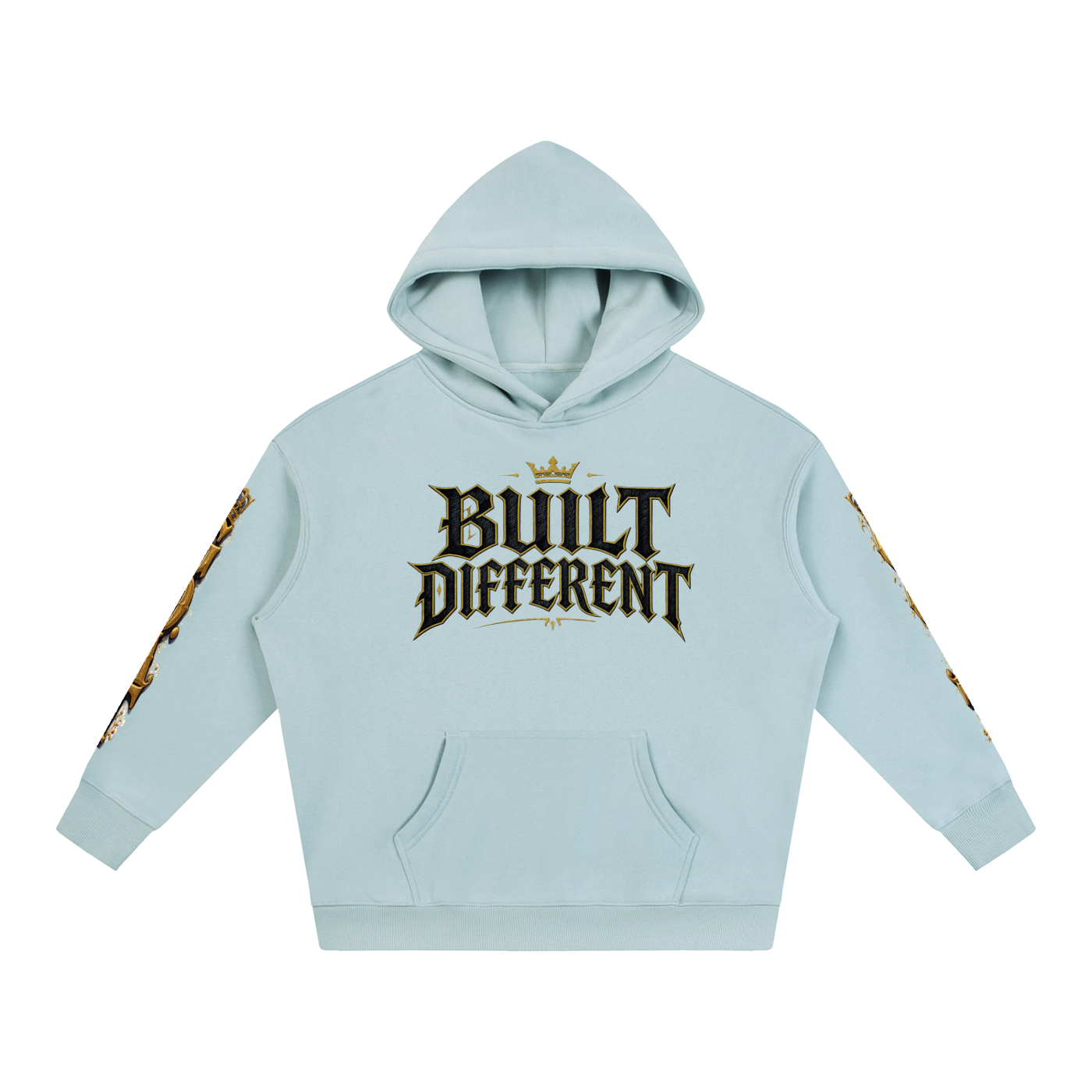 Oversized fleece hoodie, light blue, front print, hood and kangaroo pocket