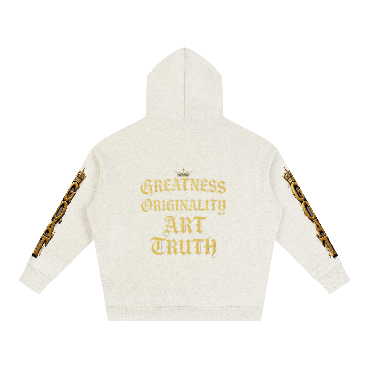 Light gray oversized fleece hoodie, back graphic "Greatness Originality Art Truth"