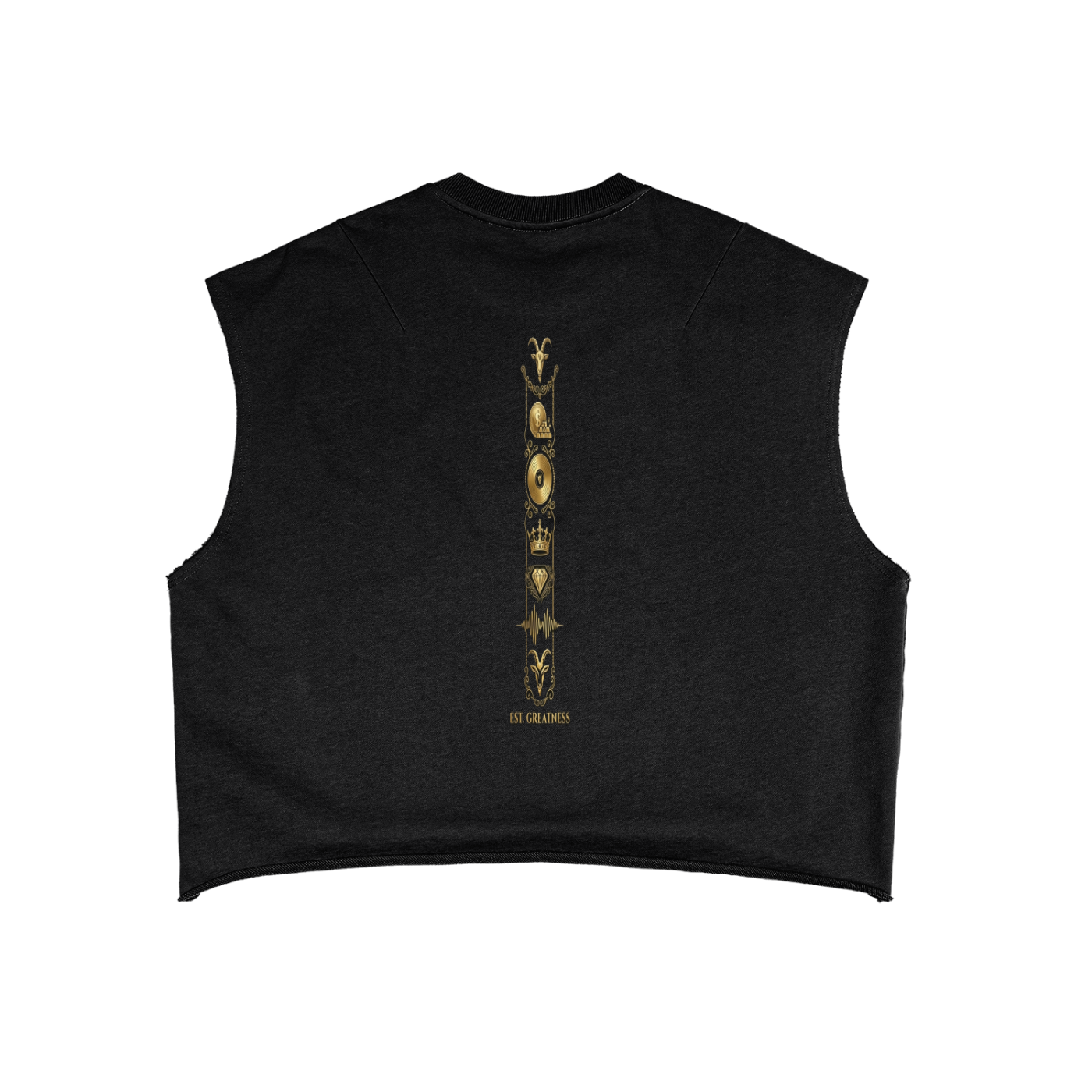 Black sleeveless boxy tank top with vertical gold graphic on back