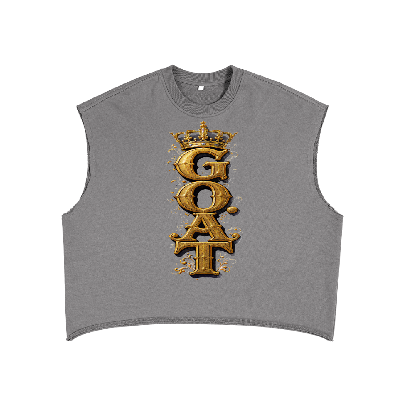 Gray French terry boxy tank top with gold vertical G.O.A.T emblem graphic
