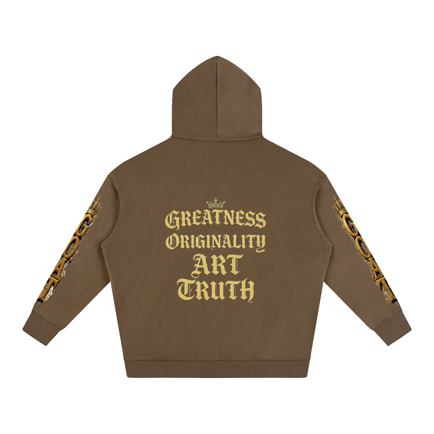 Brown oversized fleece hoodie, back print: Greatness Originality Art Truth