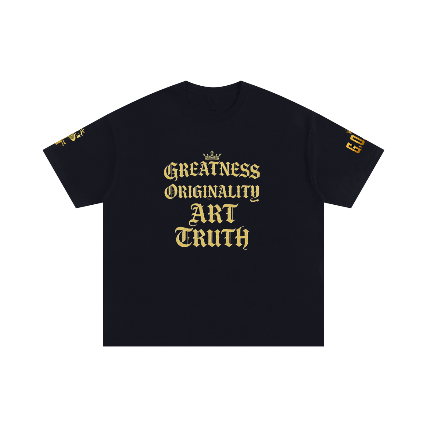 Black oversized cotton T-shirt, front graphic in gold with "Greatness Originality Art Truth"