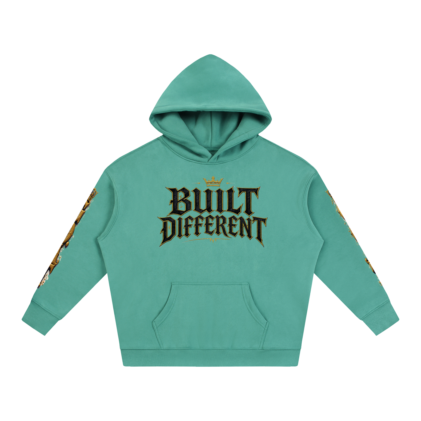 Teal oversized fleece hoodie, front graphic "Built Different" and gold sleeve print