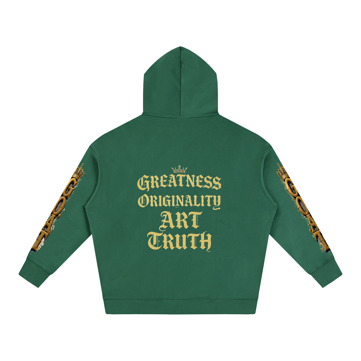 Oversized fleece hoodie, dark green, back print, hood and kangaroo pocket