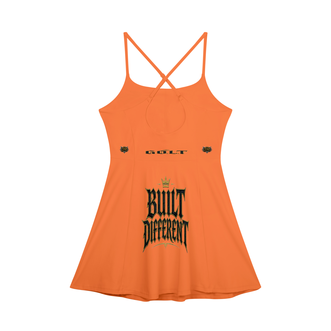 Orange women's A-line tank dress with back logo and crisscross strap detail