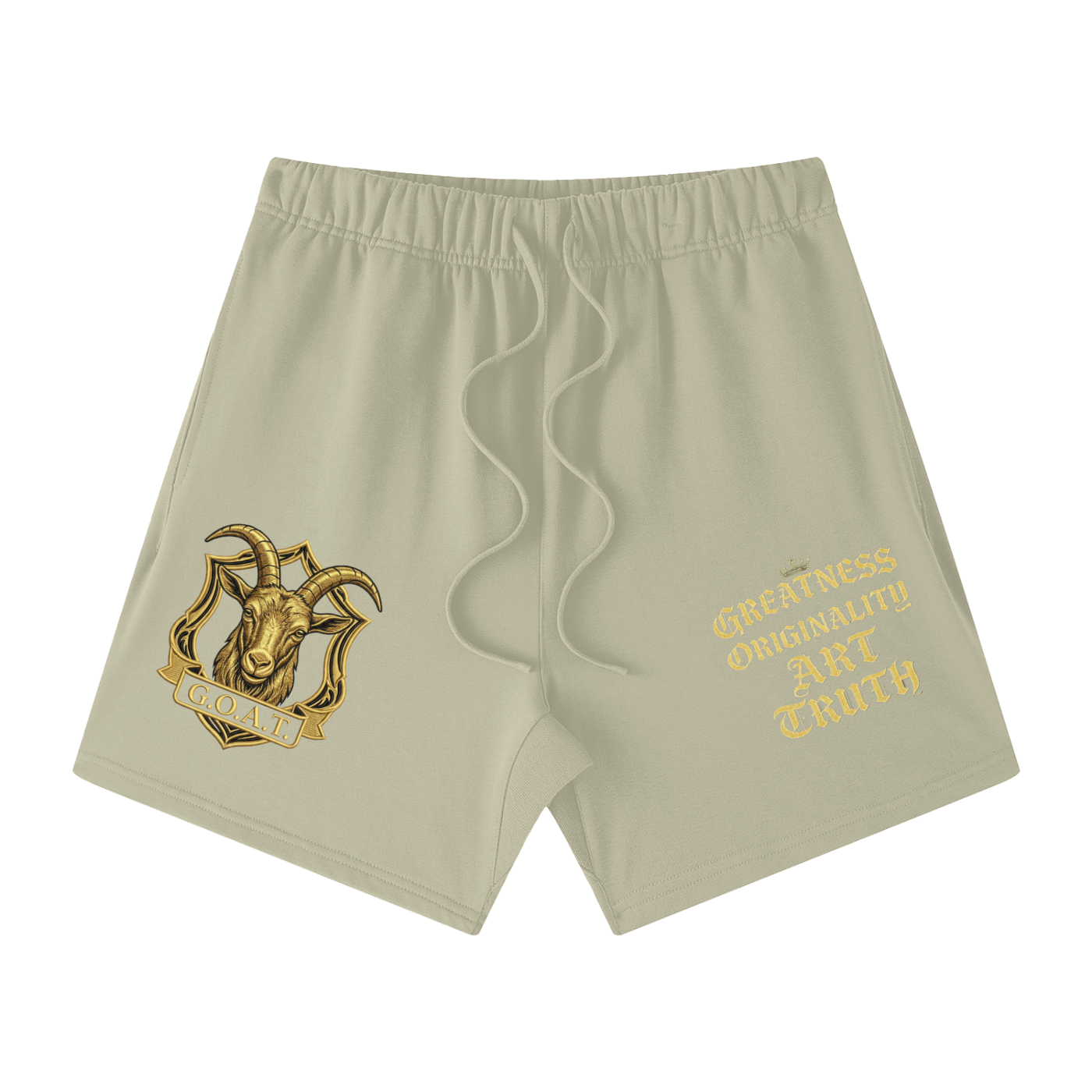 Unisex light beige cotton shorts with elastic waistband and gold goat emblem graphic