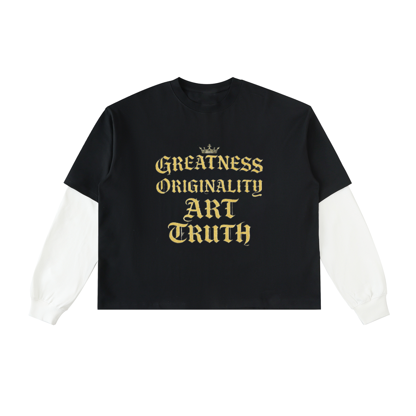 Black long sleeve graphic tee with white sleeves; gold 'Greatness Originality Art Truth'
