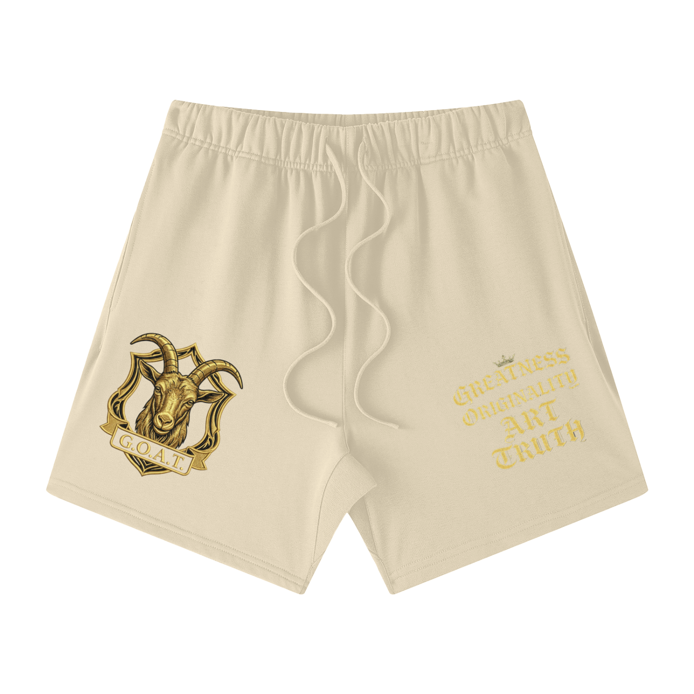 Beige loose-fit cotton shorts with elastic waistband, gold emblem and text print