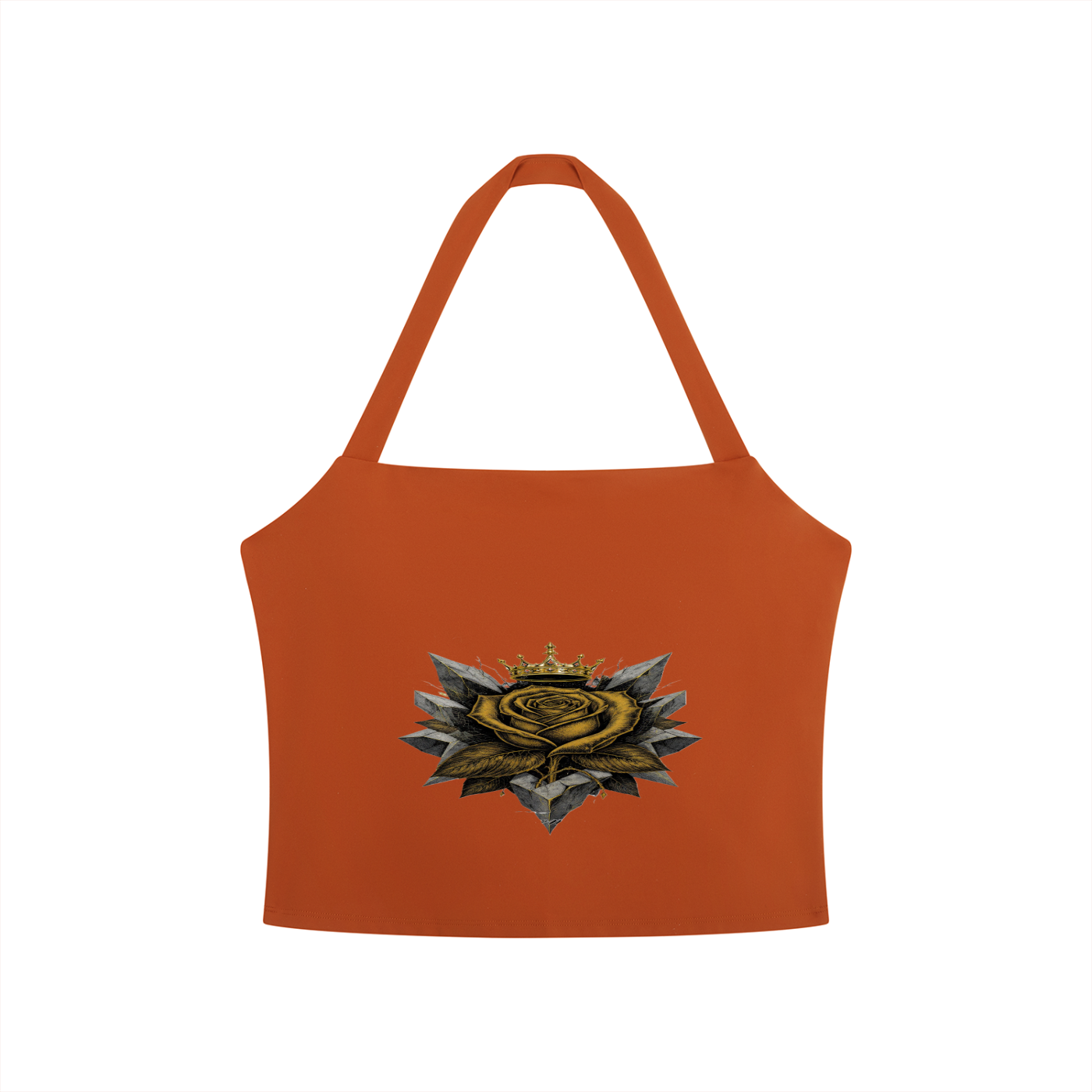 Women's halter crop sports bra, orange, front rose emblem graphic