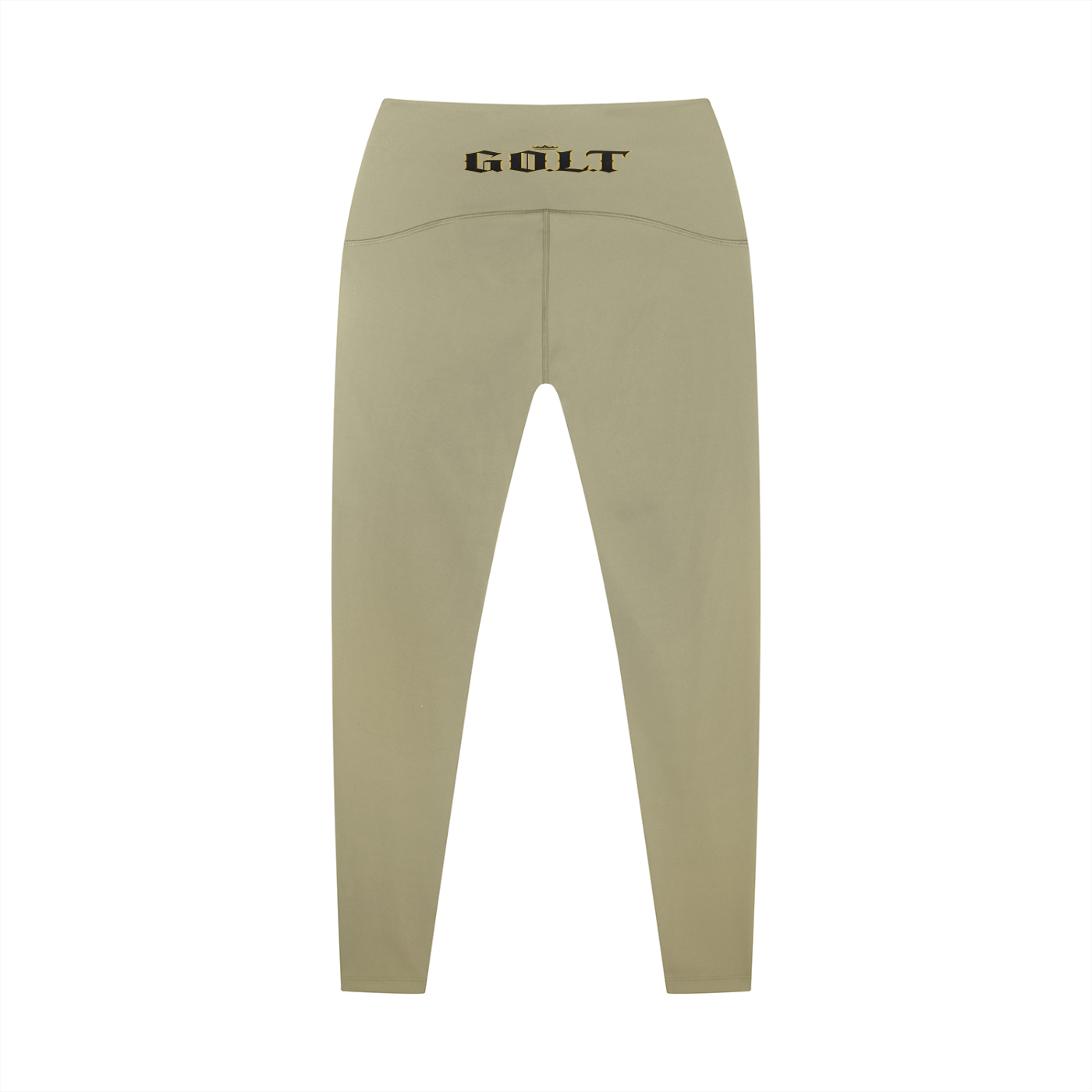 Khaki high-waisted ankle yoga leggings with G.O.L.T. waistband logo