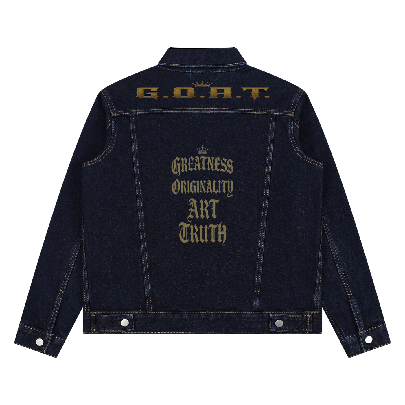 Dark navy denim jacket with gold back lettering and snap-button chest closure