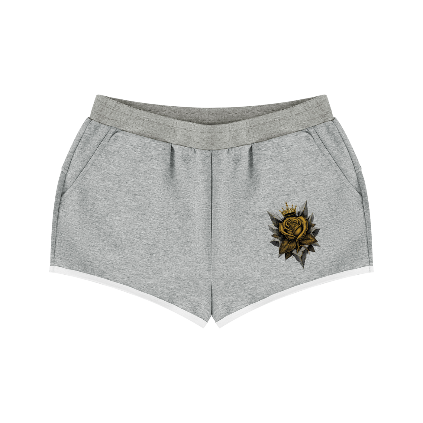 Heather gray women’s retro shorts with a rose emblem on the front