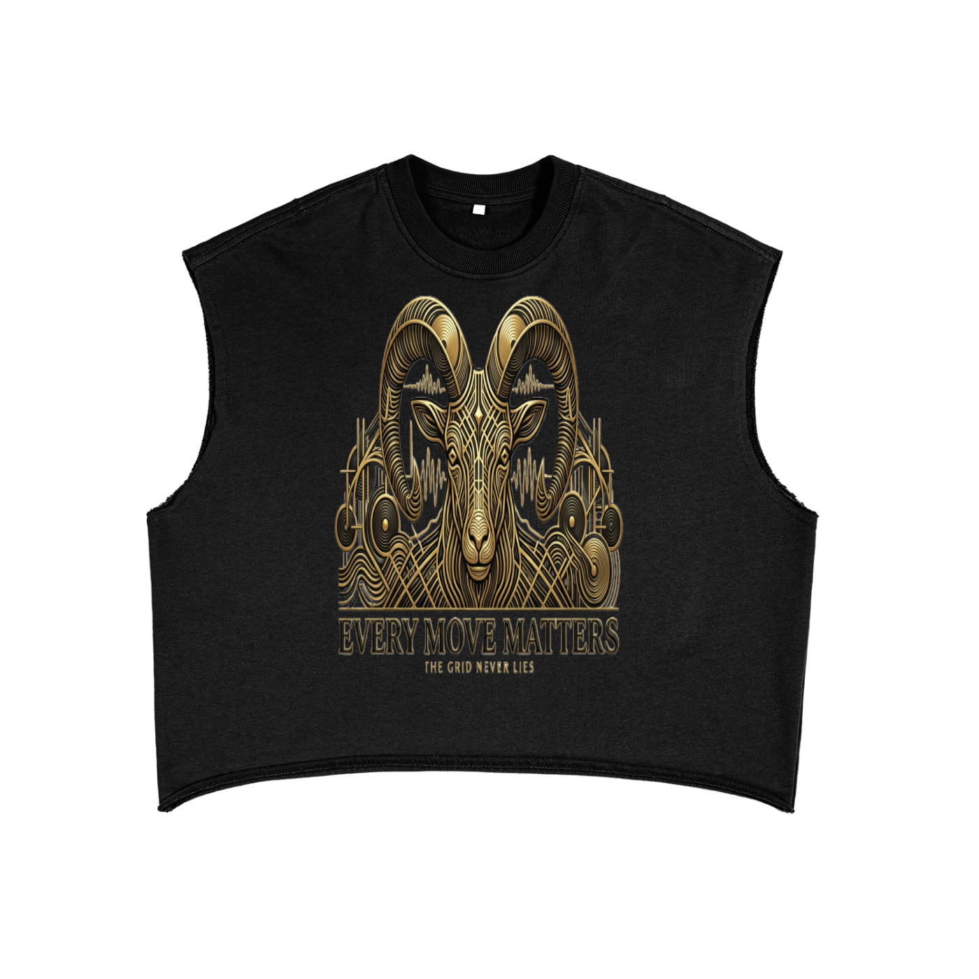 Black sleeveless boxy tank top with gold illustrated graphic and text on front