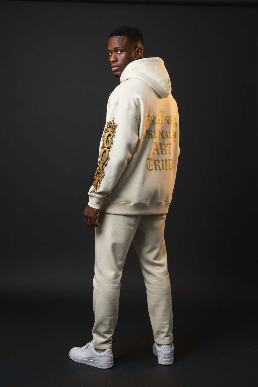 Oversized fleece hoodie in light beige, back-right view with sleeve logo print