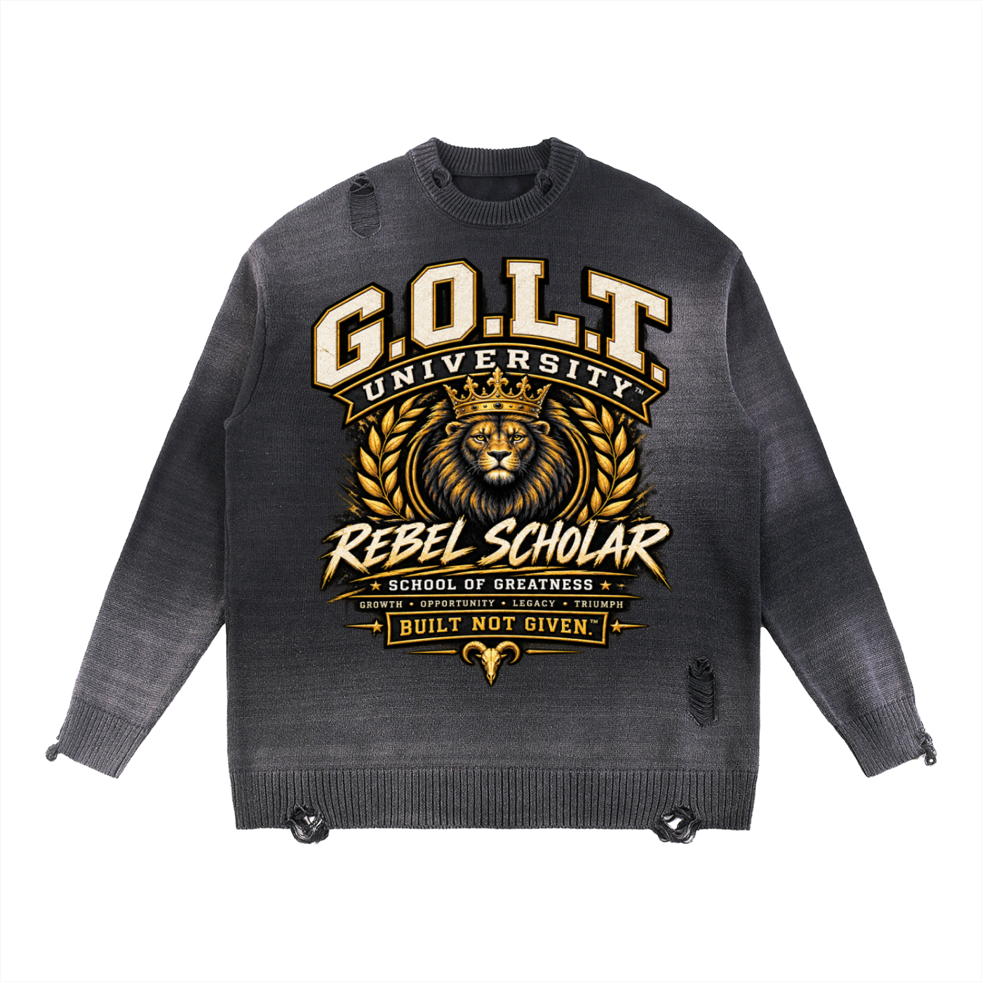 Charcoal distressed crewneck sweatshirt with front G.O.L.T lion emblem graphic