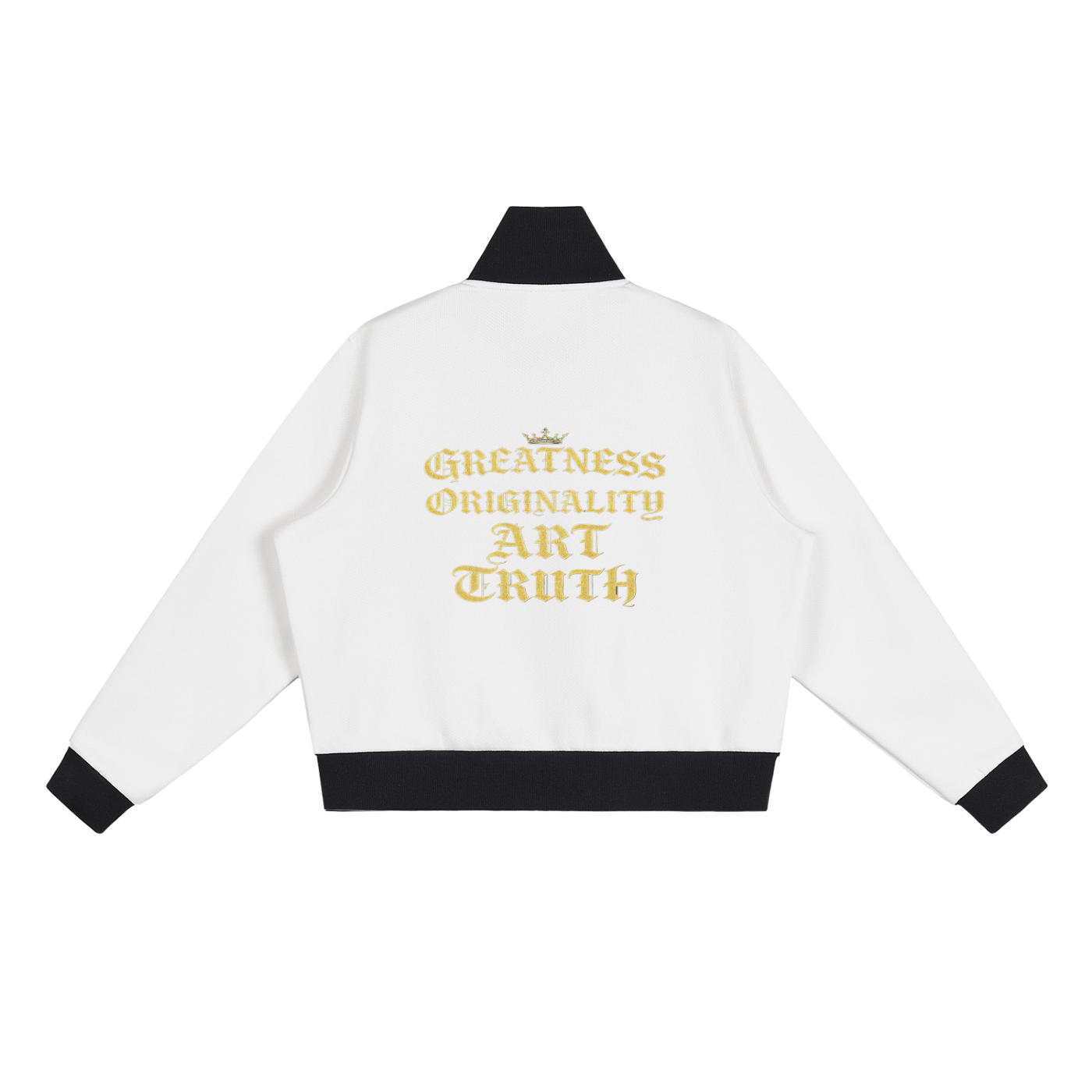 White cropped fleece track jacket back view with gold logo text and black contrast hem