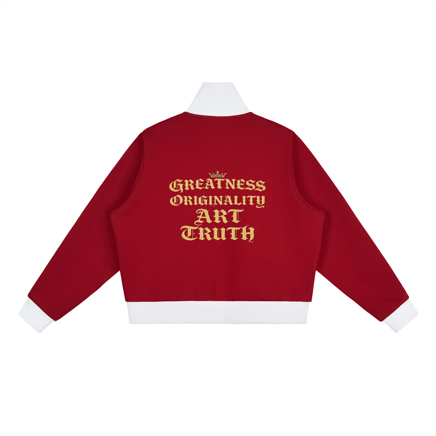 Cropped fleece track jacket in red with back graphic text and white contrast sleeve stripes