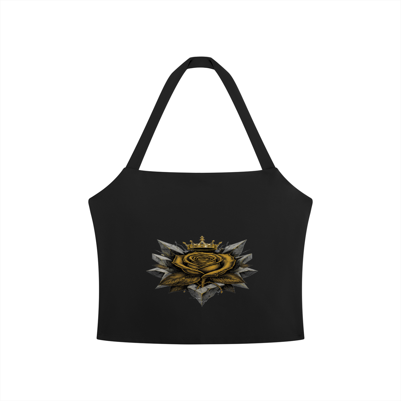Women's halter crop sports bra, black, front rose emblem graphic