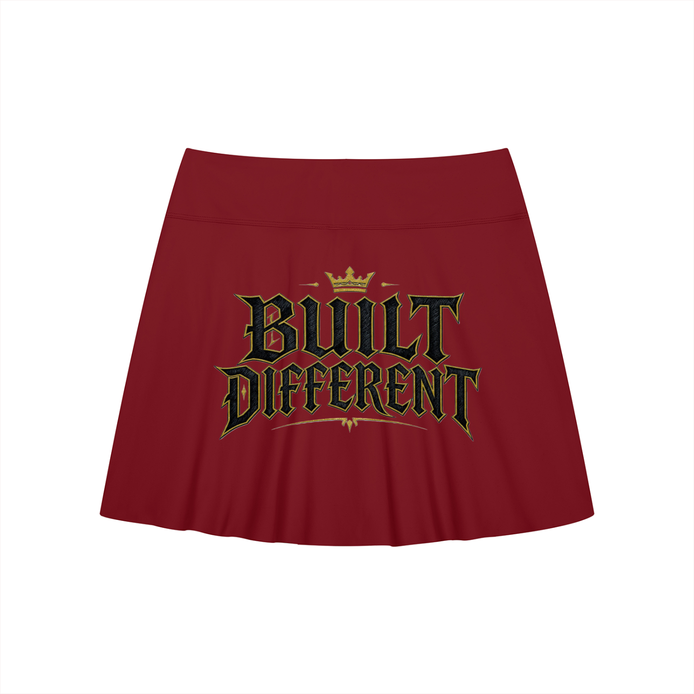Wine red mini slit skirt with "Built Different" logo graphic