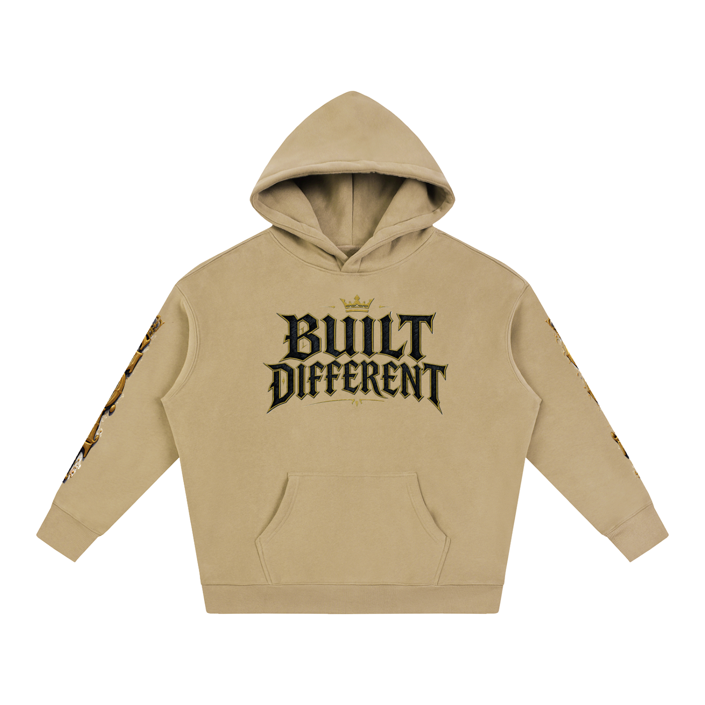 Tan oversized fleece hoodie, front graphic "Built Different" and gold sleeve print