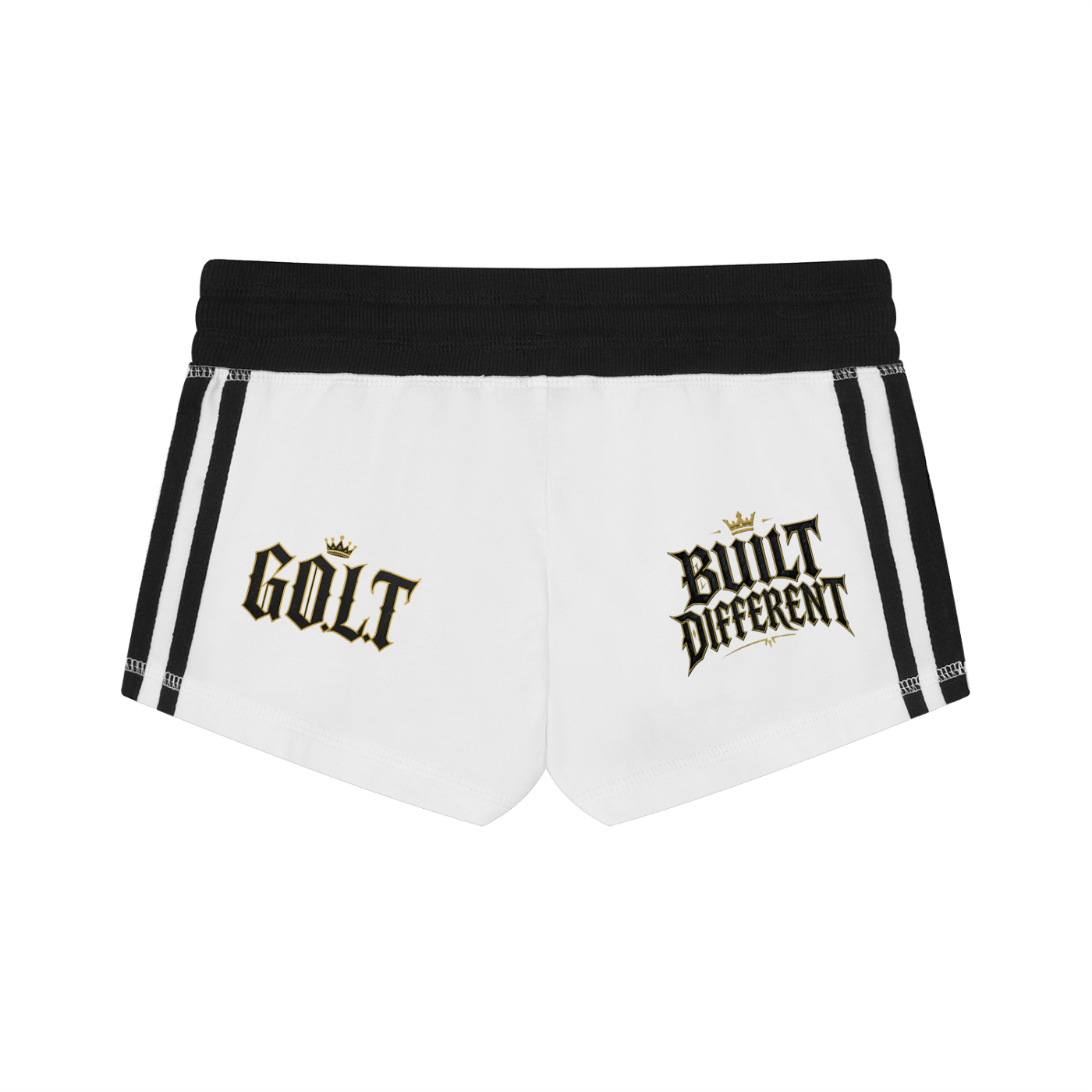 Women’s running track shorts in white with black waistband, contrast stripes, and gold branding