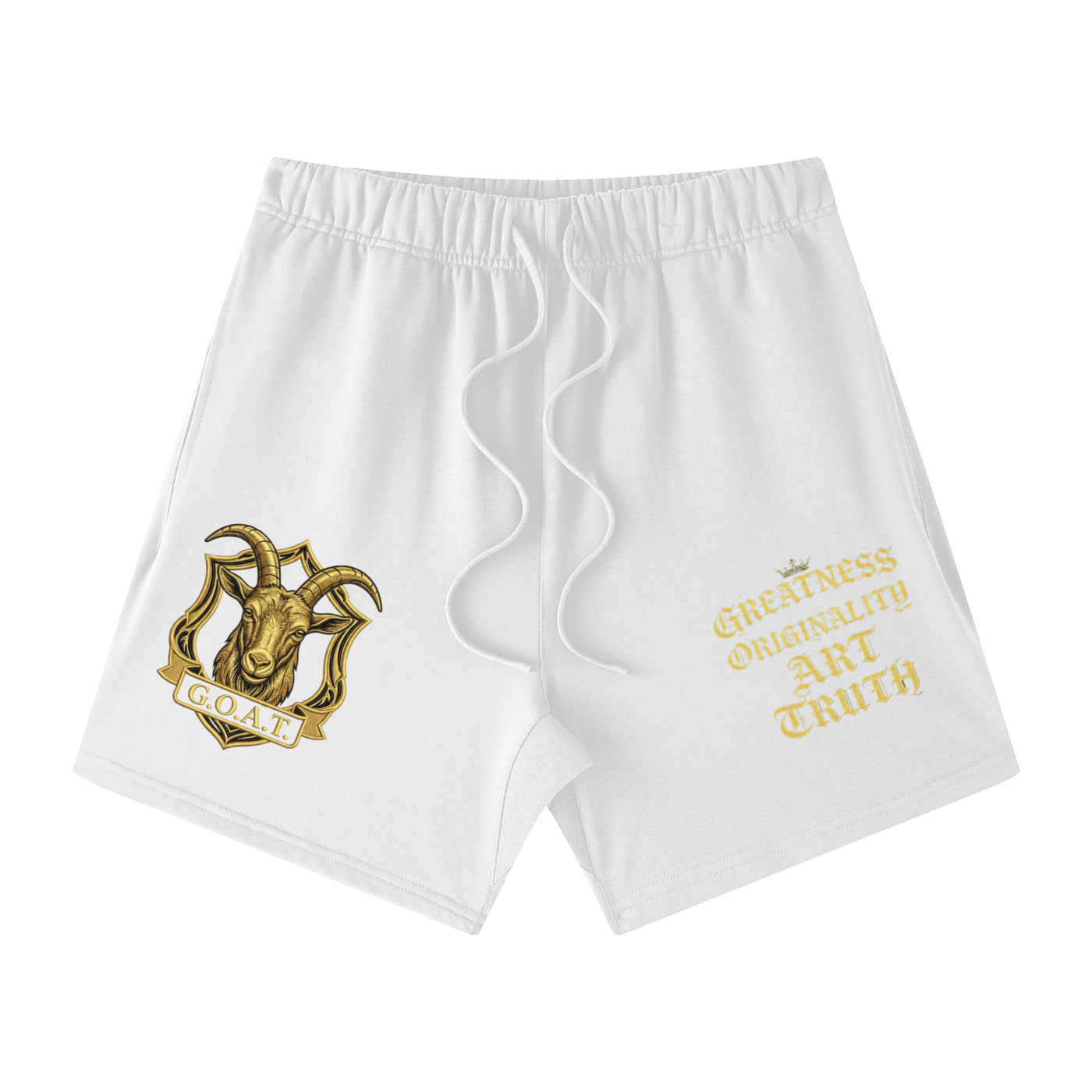 White loose-fit cotton shorts with gold emblem on left leg and gold text on right
