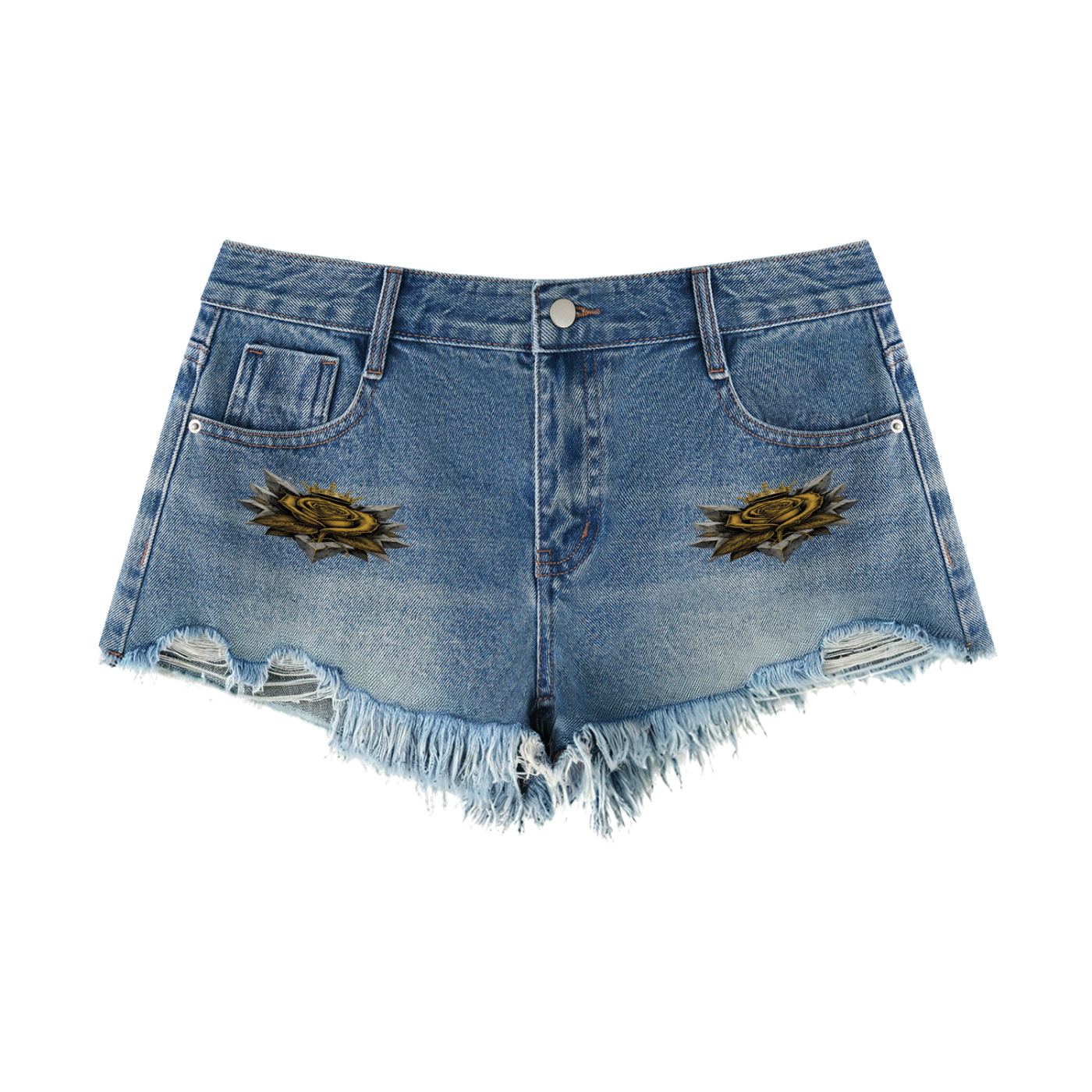 Blue denim shorts with vintage wash, frayed raw hem, and eagle graphic front pockets