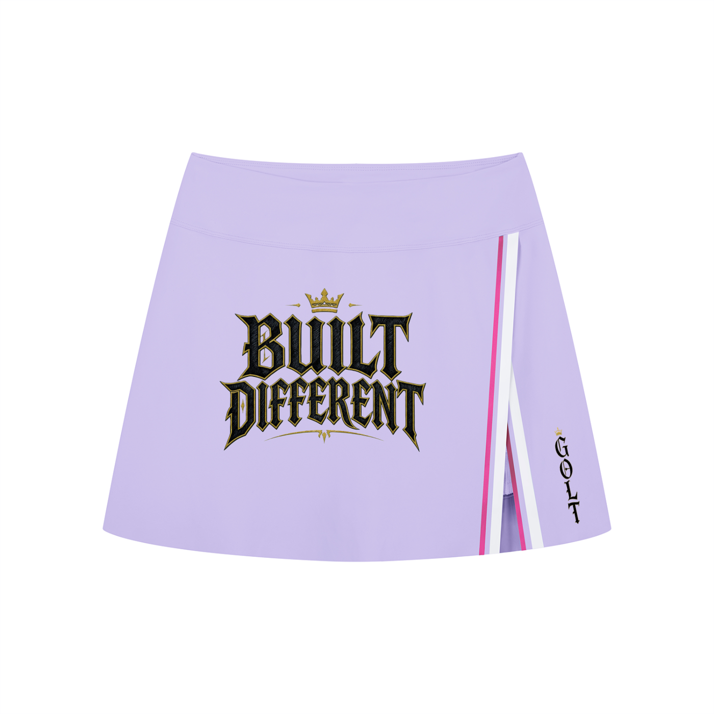 Lavender mini slit skirt with pink-and-gold contrast stripe panel and logo graphic