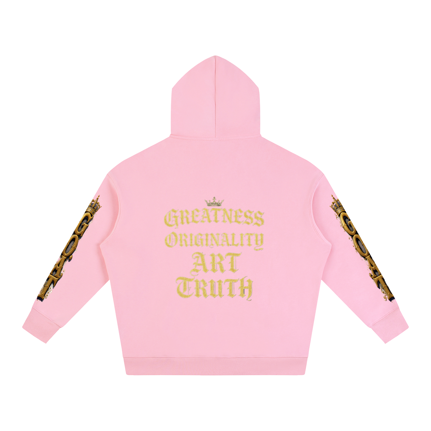 Light pink oversized fleece hoodie, back text "Greatness Originality Art Truth"