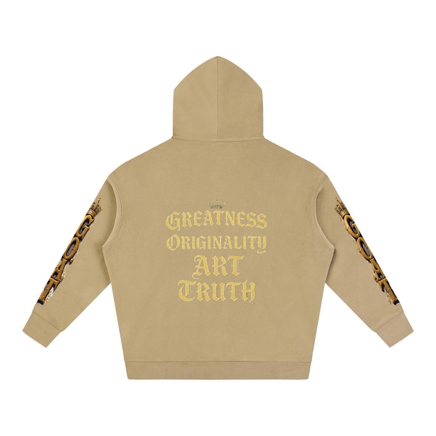 Tan oversized fleece hoodie, back graphic "Greatness Originality Art Truth"