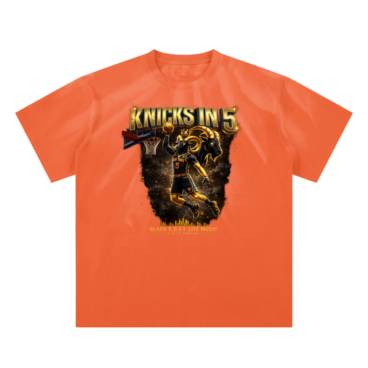 Orange sunfade crewneck T-shirt with Knicks In Five front graphic print.