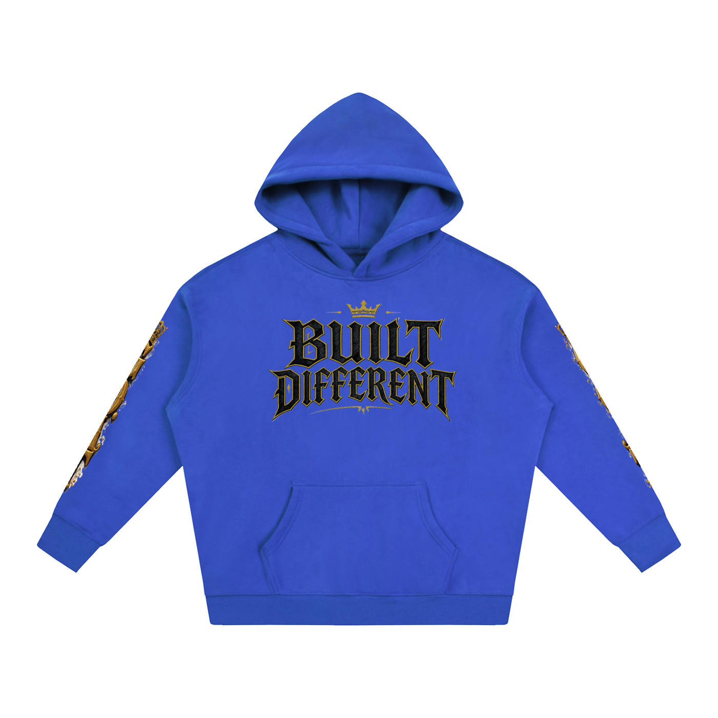 Blue oversized fleece hoodie, front logo: Built Different, hood and kangaroo pocket