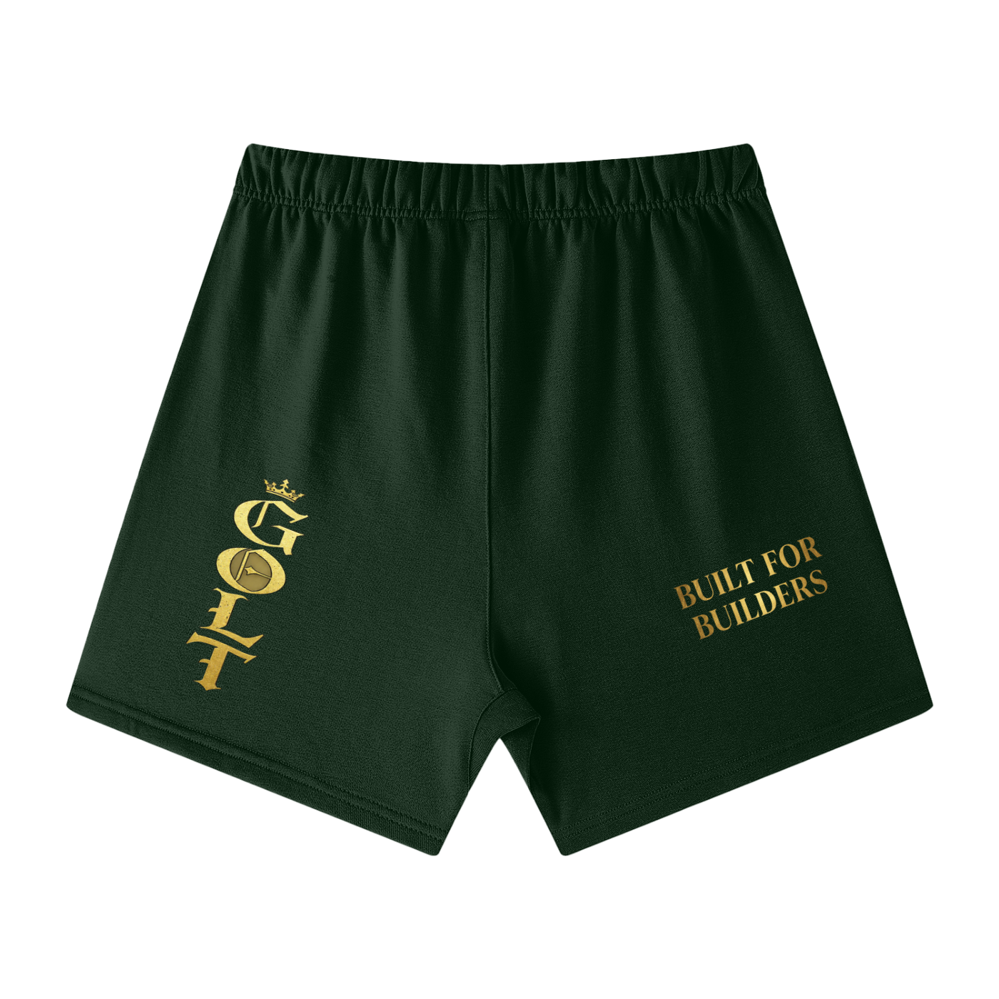 Unisex cotton shorts, dark green, elastic waistband, gold G.O.A.T and text graphic.