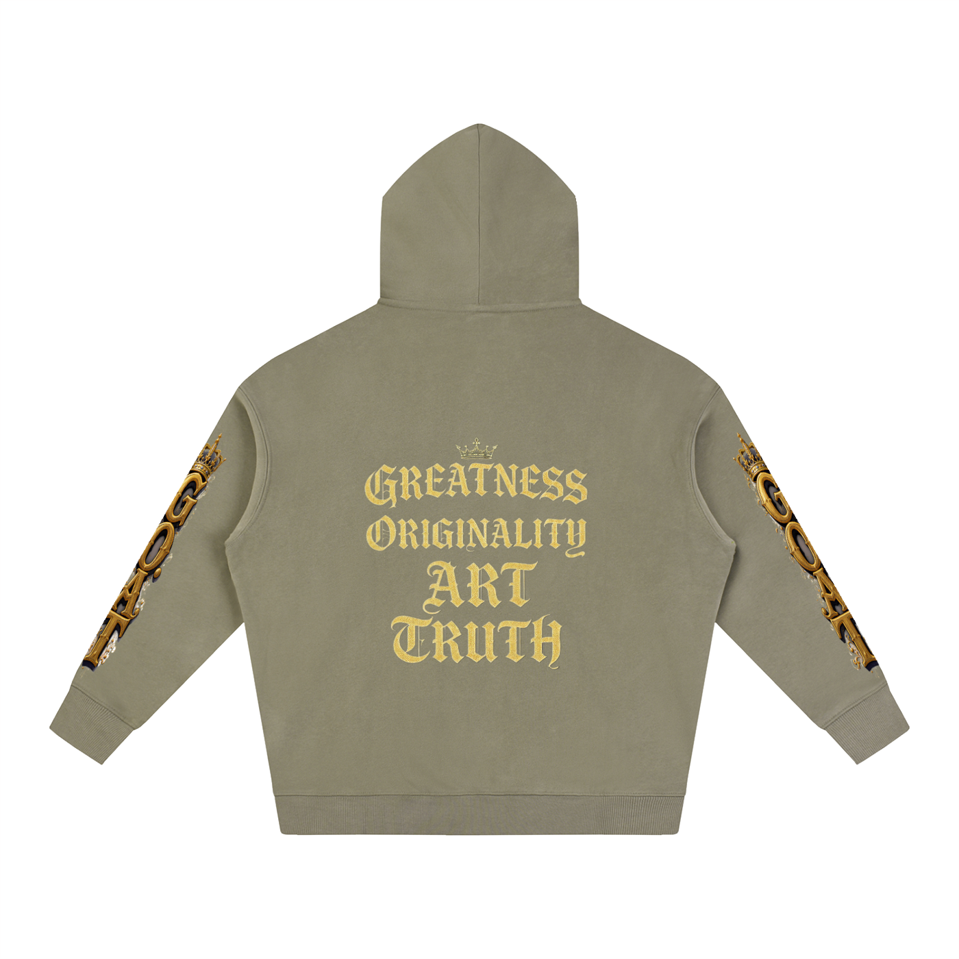 Olive oversized fleece hoodie, back print: Greatness Originality Art Truth