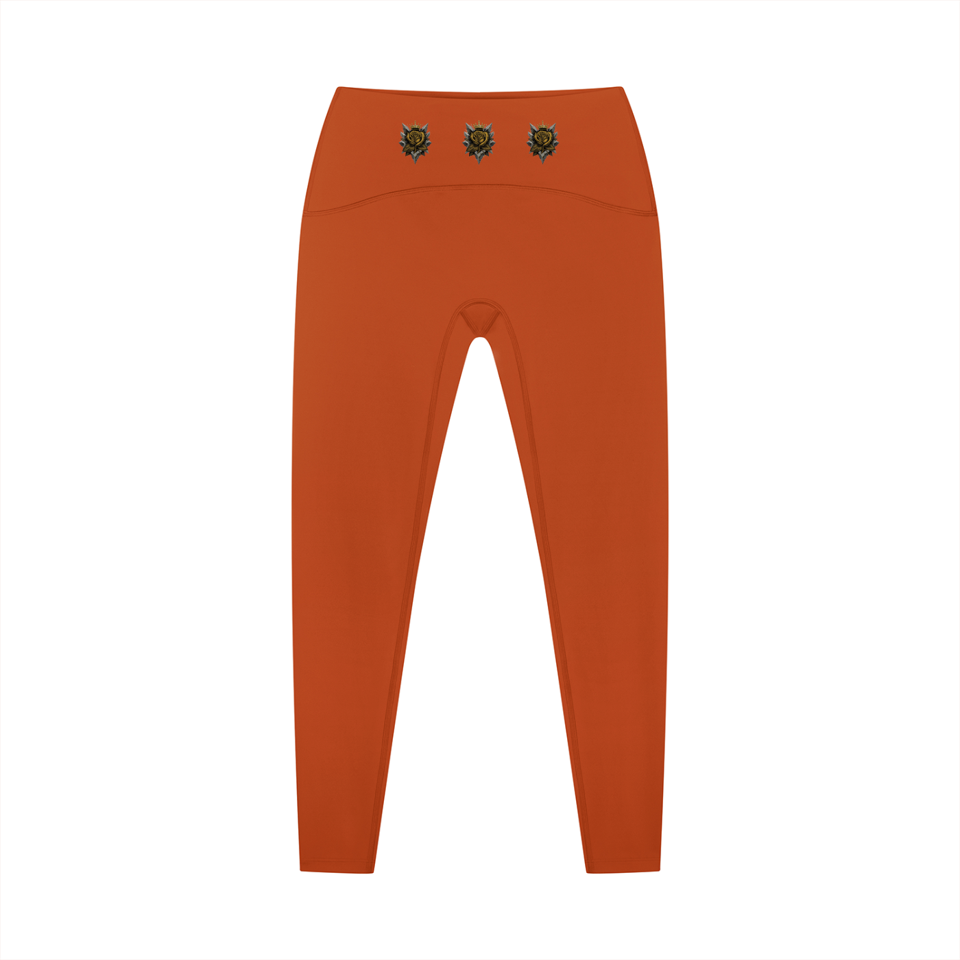 Orange high-waisted ankle yoga leggings with waistband emblems