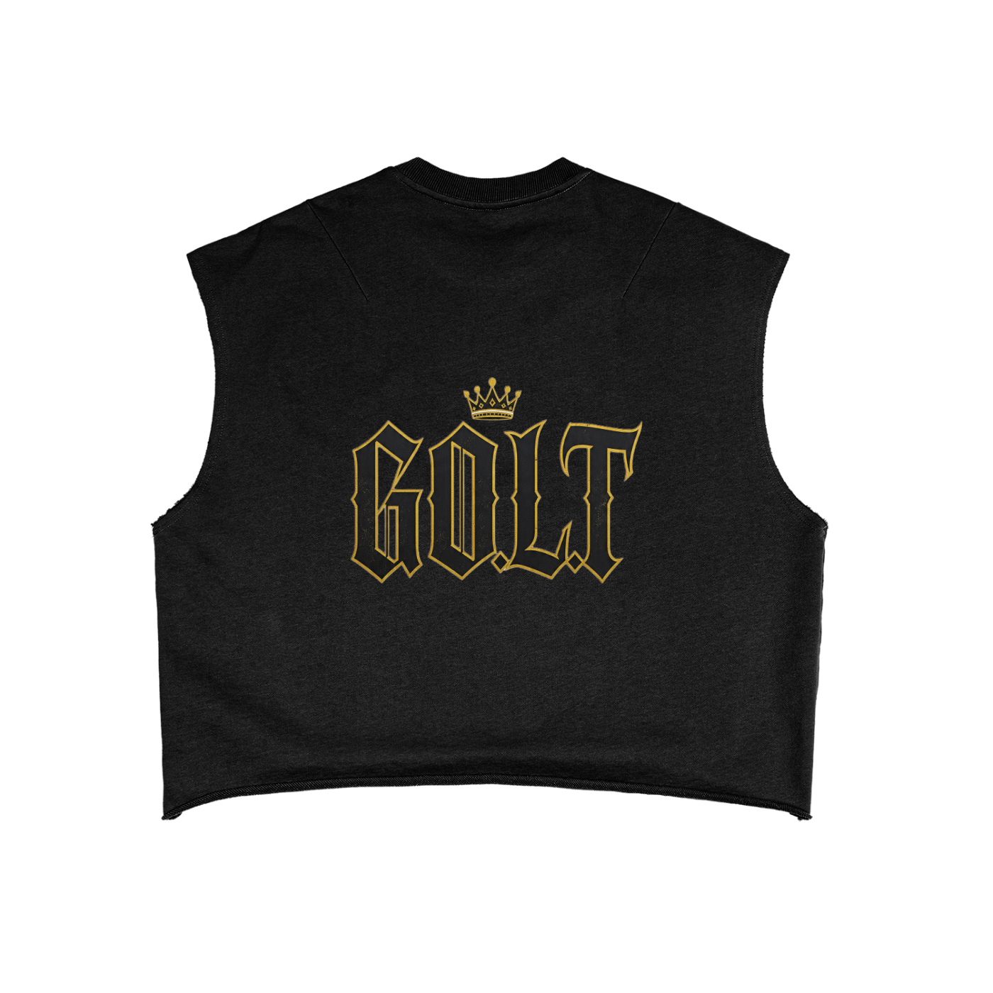 Black boxy tank top with gold crown logo on back