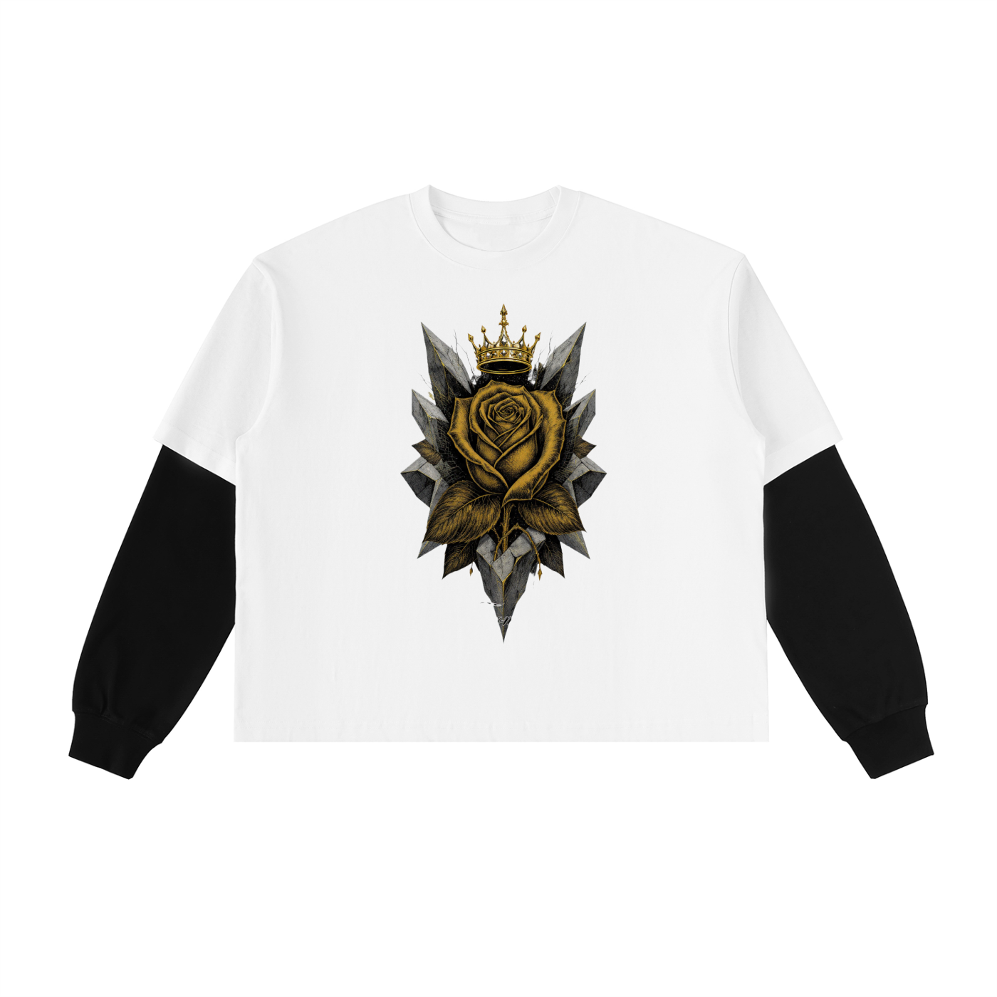 White long-sleeve tee with black sleeves and gold rose emblem graphic on chest