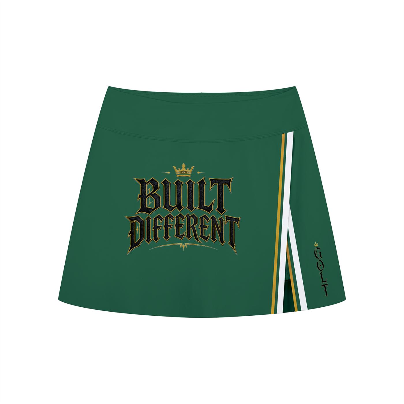 Dark green mini slit skirt with white-and-yellow contrast stripe panel and logo