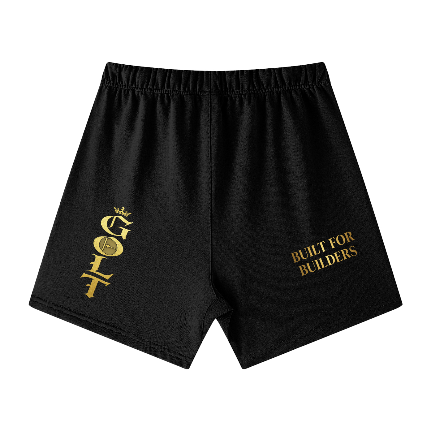 Black loose-fit cotton shorts with gold emblem on left leg and text on right
